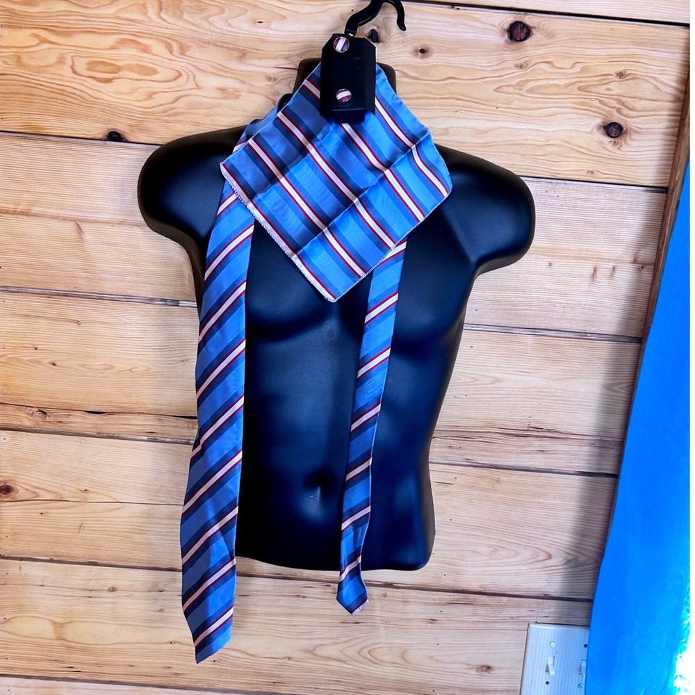 Mens Blue Red White Striped Necktie Pocket Square Cufflinks Set 3pc‎ Formal Red